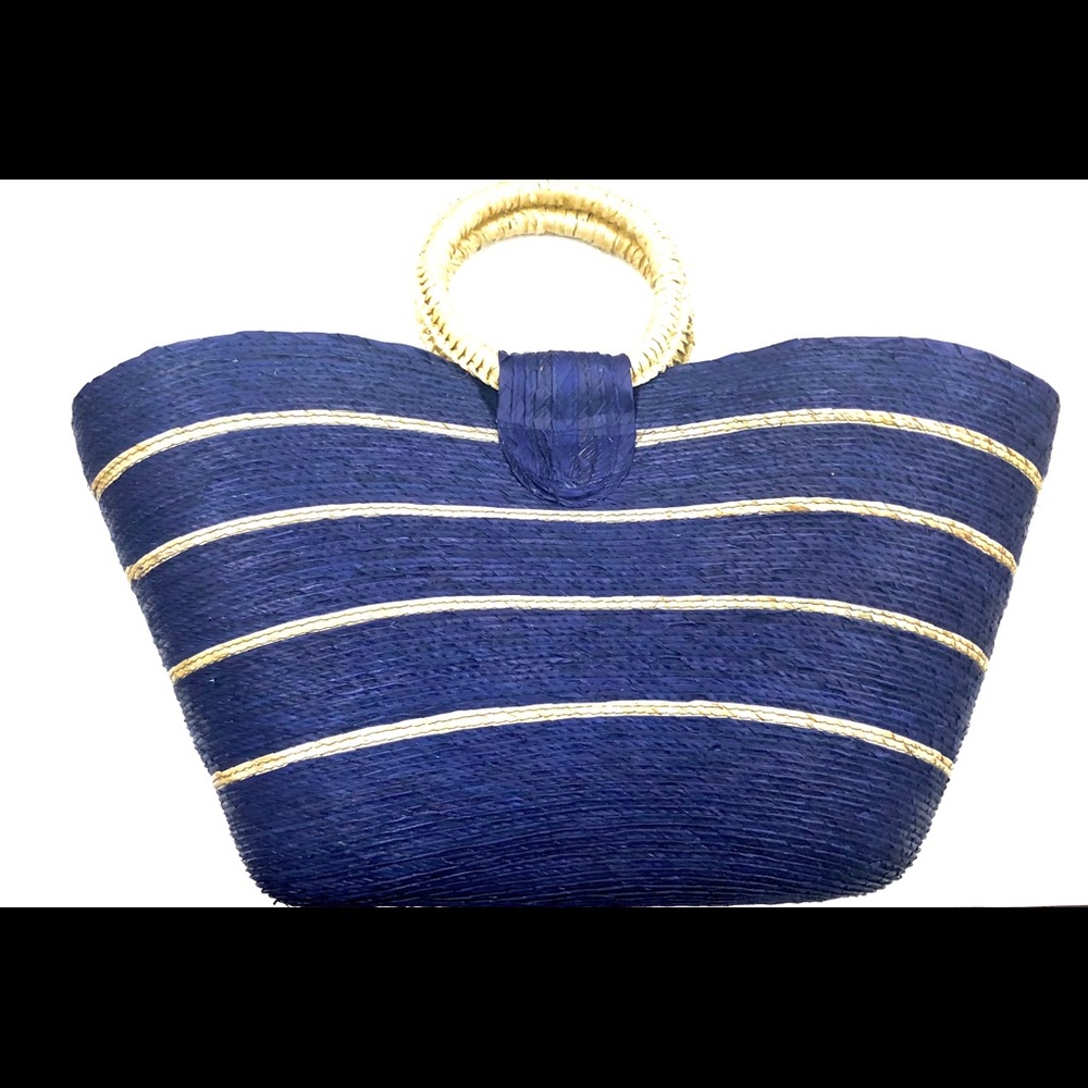 Handmade Woven Natural Palm Handbag. Blue Habdbag